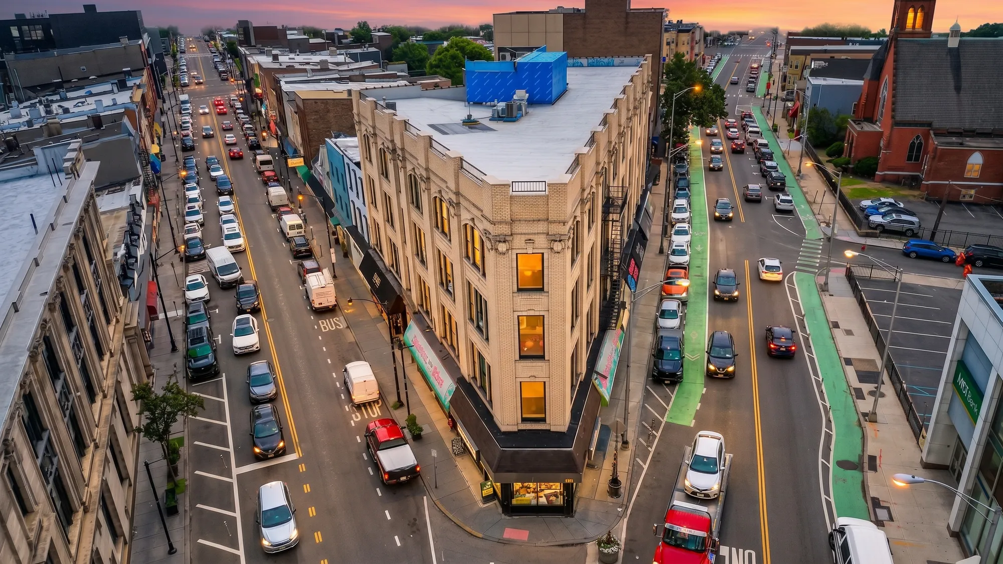 Overhead drone view of the avenues converging at the building's corner