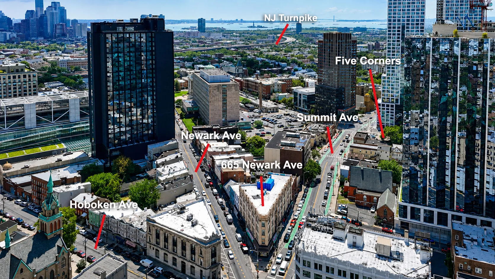 Annotated aerial map showing 665 Newark Ave near Five Corners at the edge of Journal Square