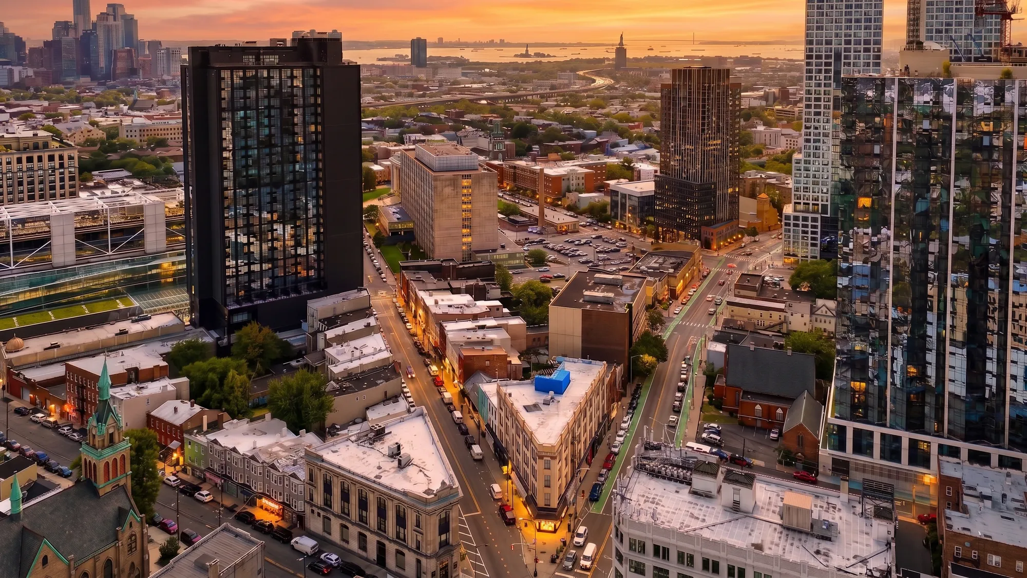 Panoramic aerial view of the neighborhood with the Manhattan skyline on the horizon