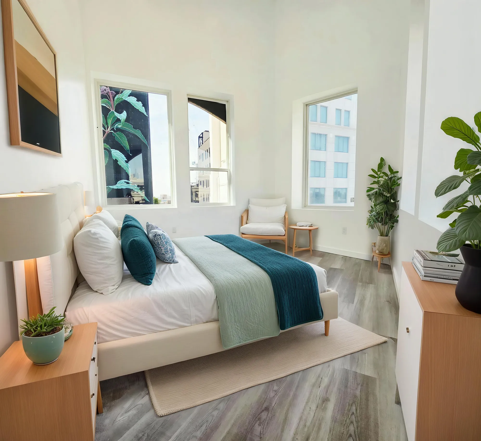 Staged bedroom with queen bed, plants, and large corner windows