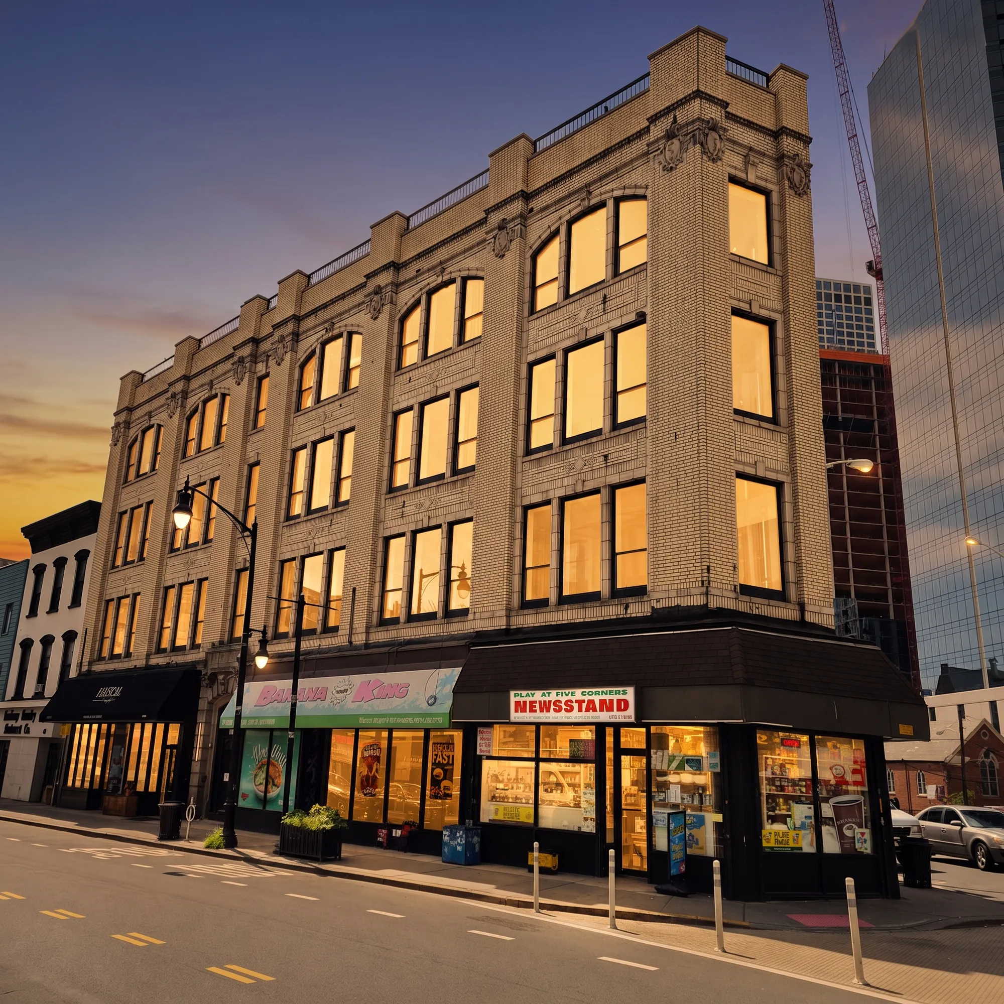 Street-level view of 665 Newark Ave's brick corner facade at dusk, windows warmly lit