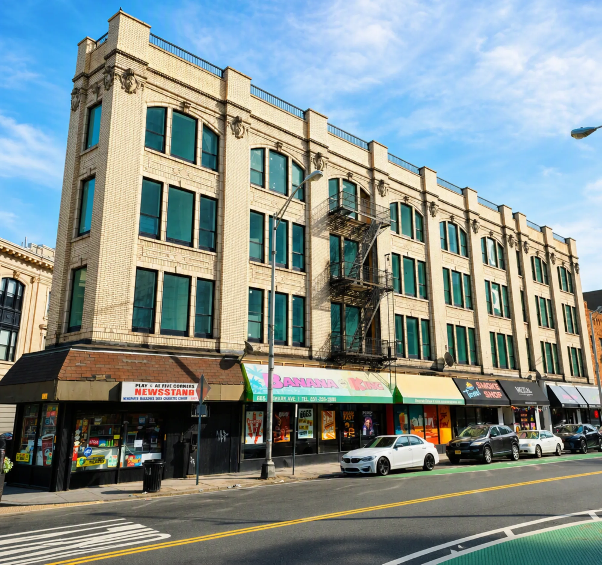 Street-level view of 665 Newark Ave in daylight with storefronts and fire escape