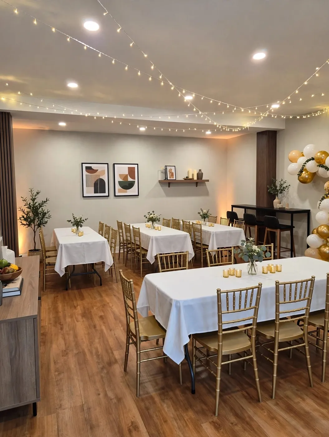 Party room set up for an event with white-clothed tables, gold chairs, and string lights